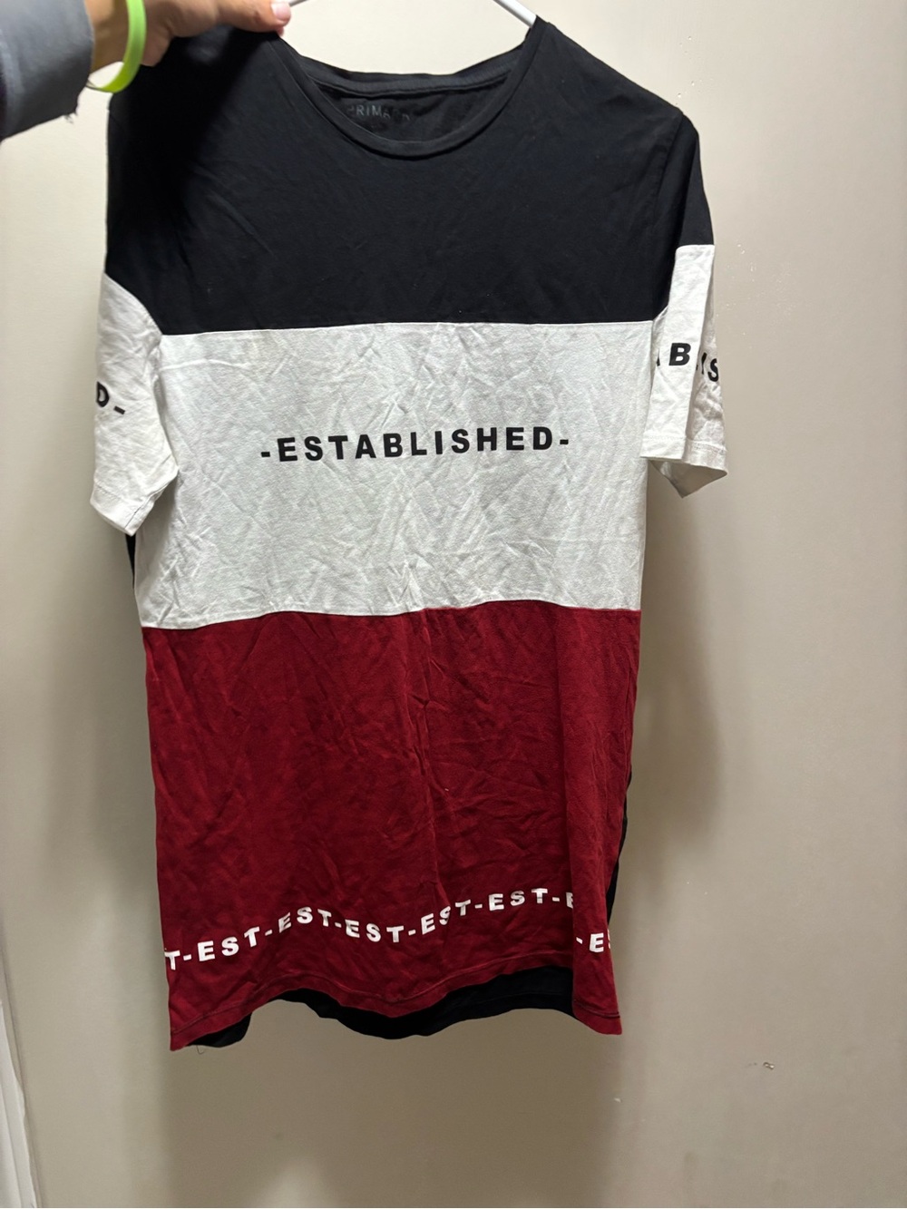 Primark Black White Red Colorblock 'Established' Short Sleeve Tee